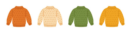 Vector set of knitted sweaters in different colors. Cozy warm winter clothing collection in flat design. Handmade wool sweaters and set, jumpers cliparts.のイラスト素材