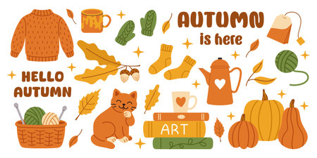 Vector cute fall clipart set with cat, hot tea, sweater, pumpkins, books and leaves. Ideal for autumn prints, greeting cards and other projects. Autumn cozy collection.のイラスト素材