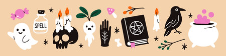 Vector cute and spooky halloween witchcraft doodle elements set. Collection of ghost, spell bottle, skull, candles, mandrake, pentagram book, raven, cauldron, mushrooms, bone, branches cliparts.のイラスト素材
