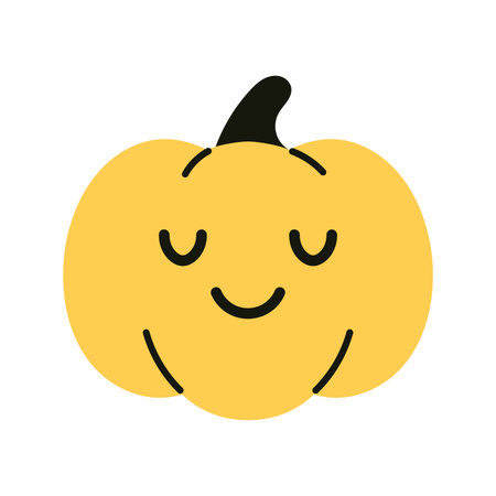Vector cute yellow pumpkin clipart with peaceful face isolated on white. Happy and cozy autumn halloween decoration element.のイラスト素材
