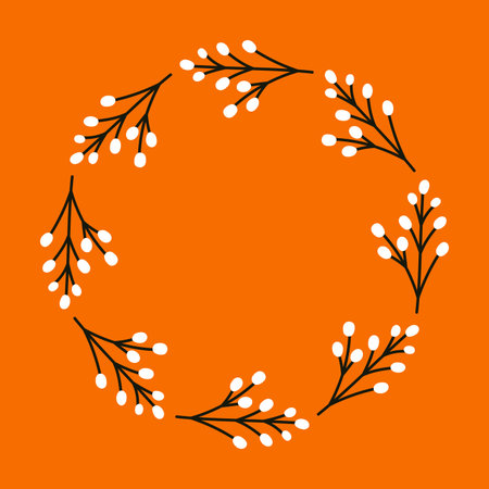 Vector botanical wreath frame of white berry twigs on orange background. Autumn elegant botanical illustration for fall decor, invitation, label, thanksgiving, seasonal modern design.のイラスト素材