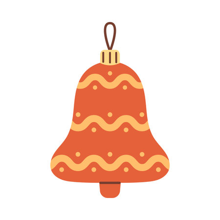 Vector illustration of vintage red Christmas bell ornament with yellow wavy lines and dots. Classic holiday decoration for Christmas tree, winter cards, festive invitations, and seasonal design.のイラスト素材