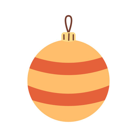 Vector illustration of round yellow Christmas bauble ornament with red horizontal stripes. Vintage festive decoration for Christmas tree, holiday cards, winter invitations, and seasonal design.のイラスト素材