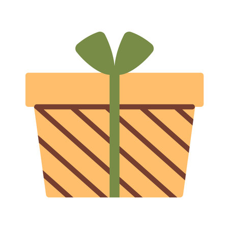 Vector illustration of a yellow gift box with brown diagonal stripes and a green ribbon and bow. Festive present icon for Christmas, celebration, birthday, cards, and modern seasonal design.のイラスト素材