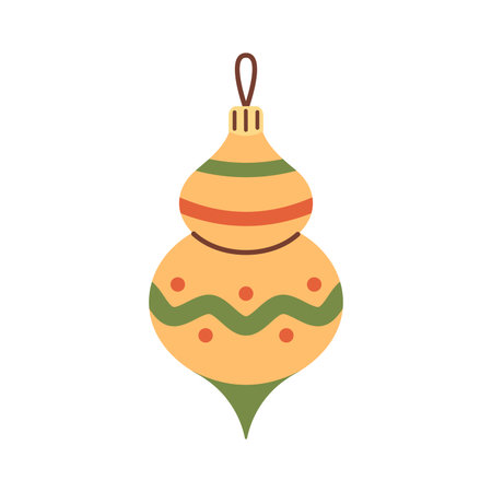 Vector illustration of vintage yellow Christmas ornament with double shape, green waves, orange stripes, and dots. Cute festive bauble for winter tree decoration, holiday cards, and seasonal designのイラスト素材