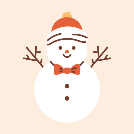 Vector illustration of smiling snowman with red hat, orange bow tie, stick arms, and buttons. Cute winter holiday character for Christmas, greeting cards, festive decor, and children seasonal design.のイラスト素材