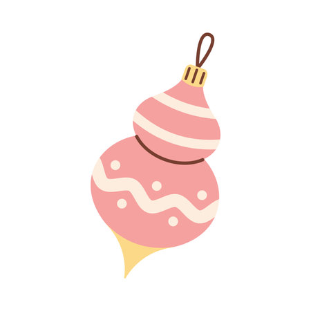 Vector cute illustration of pink vintage Christmas ornament with decorative lines, dots, and yellow tip. Classic festive bauble for holiday tree decoration, greeting cards, and retro seasonal design.のイラスト素材