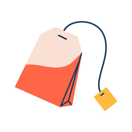 Vector illustration of cute tea bag with yellow tag on a string, isolated on white background. Minimal doodle style for beverage, kitchen, and food design.のイラスト素材