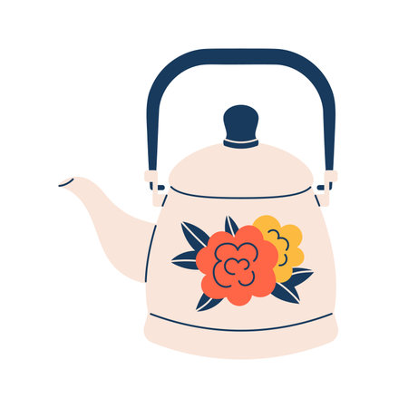 Vector cute illustration of vintage cream kettle with blue handle and lid, decorated with red and yellow flowers and green leaves. Cozy retro teapot in flat style.のイラスト素材