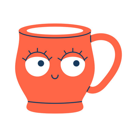 Vector illustration of cute orange mug with smiling face and large expressive eyes, isolated on white background. Cozy coffee or tea cup clipart for kitchen and breakfast design.のイラスト素材