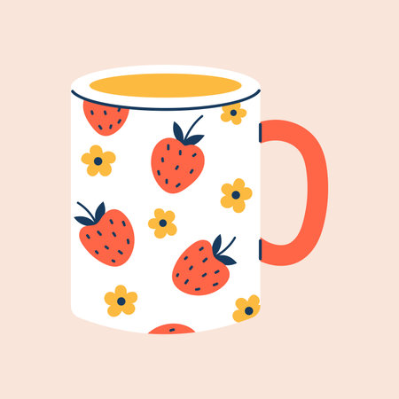 Vector illustration of cute mug with handle, decorated with strawberries and yellow flowers, isolated on pastel background. Fun fruity cup in flat style for summer, kitchen, and drinks design.のイラスト素材