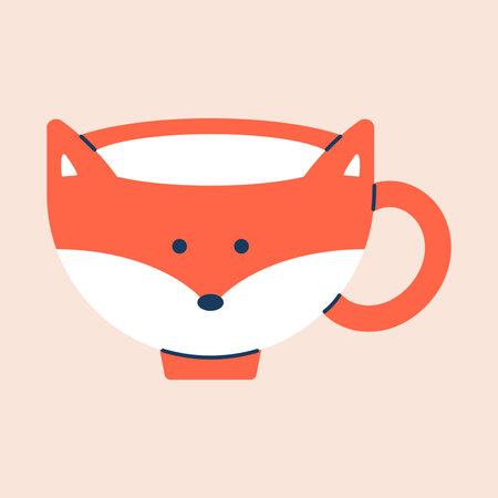 Vector illustration of cute fox shaped cup in orange and white, isolated on pastel background. Playful childish animal mug in flat style for kids, drinks, and kitchen design.のイラスト素材