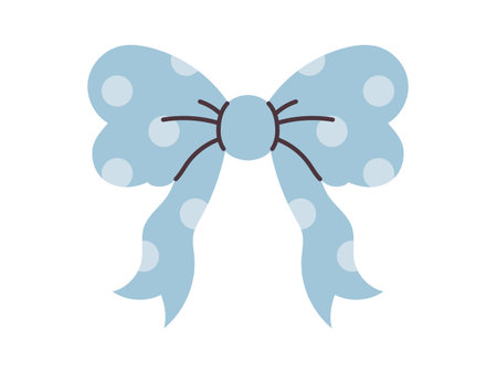 Vector blue bow with white polka dot pattern and long ribbons. Cute decorative element for gifts, celebration, greeting cards, holiday and fashion design in flat style.のイラスト素材