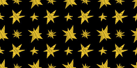 Vector  pattern with hand drawn yellow star on black night background. Magical scribble astronomy...