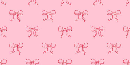 Vector pretty hand drawn whimsical bows  pattern. Vintage coquette outline red bows on pink background. Cute print for charming packaging, scrapbooking and fabric design.のイラスト素材