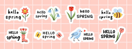 Vector cute hello spring sticker pack with flowers, snowdrops, tulip, rain boot, bird and bee. Playful sticker set for seasonal greeting cards, planner, scrapbooking, kids decor and social media.のイラスト素材
