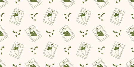 Vector  pattern with carrot and leek seed packet. Scattered seed in outline hand drawn style for...