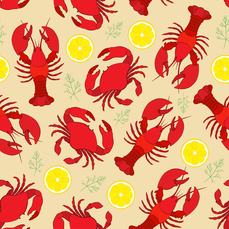 Lobster and crab with lemon and dill. Seamless patternのイラスト素材