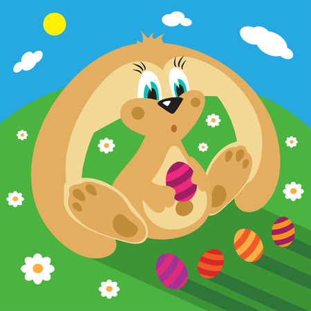 Cartoon rabbit with easter eggs on the grass. Vector illustrationのイラスト素材