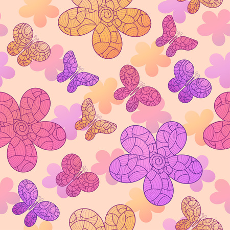 Decorative flying butterfly and flowers. Seamless patternのイラスト素材
