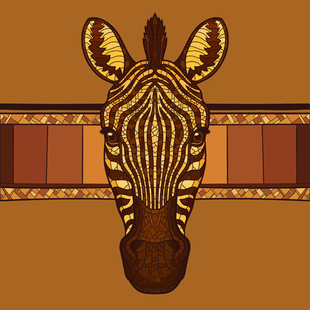 Zebra head mascot with ethnic ornament. Isolated vector illustration. No gradientsのイラスト素材