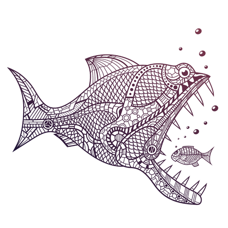 Deep water predator fish attacking little fish. This is isolated vector illustration ideal for a T-shirt graphic or posterのイラスト素材