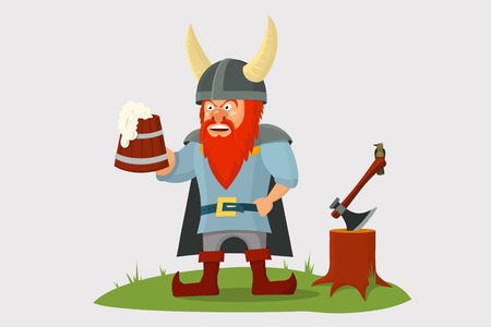Cartoon viking with beer mug in hand and axe on simple background.  Vector illustration.のイラスト素材