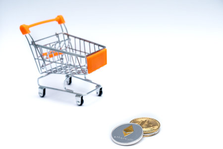 Ethereum and Bitcoin, defocused shopping basket, Virtual cryptocurrency