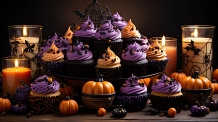 Halloween cupcakes with purple buttercreme icing and chocolate decorations on top over black background.の素材