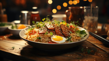 Bowl of tasty noodles with meat on wooden table, closeupの素材