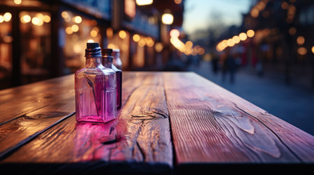 Bottle of perfume on a wooden table in the evening city.の素材