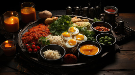 Buddha bowl with rice, eggs, vegetables and spices on wooden tableの素材