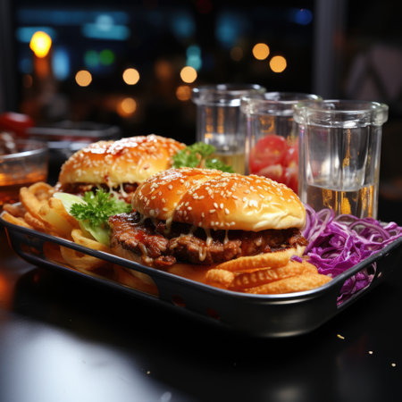 Closeup of hamburger with French fries on black table in restaurantの素材