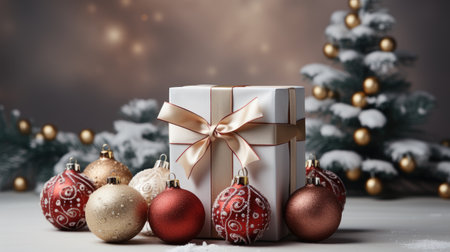 Christmas decoration with gift box and baubles on bokeh backgroundの素材