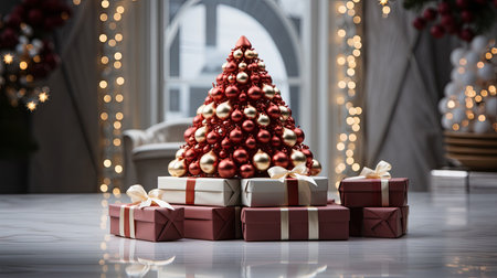 Christmas tree made of red baubles and gift boxes on a wooden tableの素材