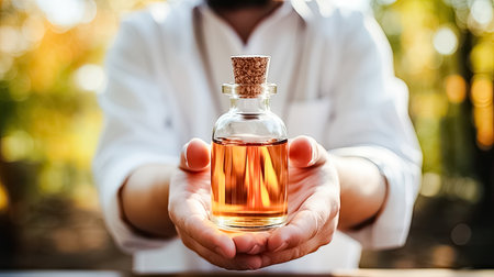 Close-up of a bottle of essential oil in the hands of a manの素材