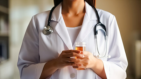 Close-up of female doctor holding a glass of orange juice.の素材
