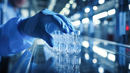 Laboratory glassware with blue and red light, science research conceptの素材