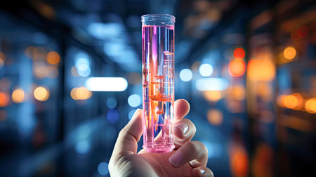 Laboratory glassware in scientist hand, science research and development concept.の素材