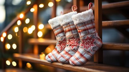 Christmas present socks, hanging on the stairs at the Christmas Eve. High quality photoの素材