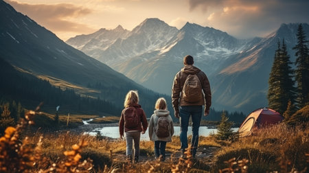 a man with his daughter on hiking expedition with mountains view. High quality photoの素材