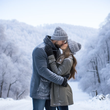 Senior couple in a date in winter walk. High quality photoの素材