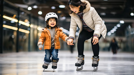 a young girl is practicing figure-skating with her coach on ice arena. High quality photoの素材