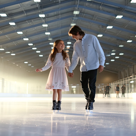 a young girl is practicing figure-skating with her coach on ice arena. High quality photoの素材