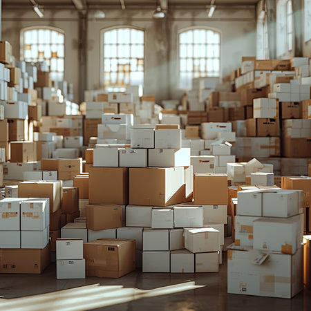Cardboard boxes on pallets in distribution warehouseの素材