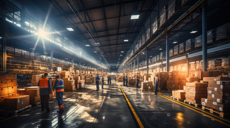 Cardboard boxes on pallets in distribution warehouseの素材