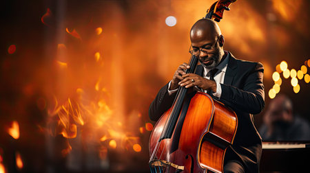 virtuoso double-bass player player playing jazz music instrument at the night club. High quality photoの素材