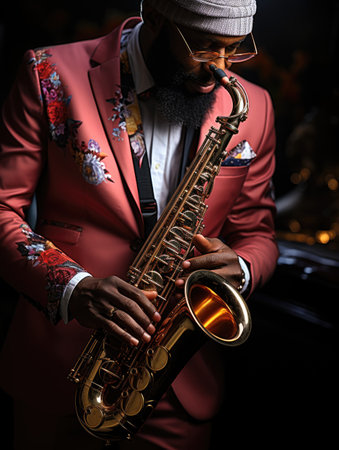 saxophone player playing jazz music at the night club. High quality photoの素材