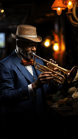 trumpet-player player playing jazz music instrument at the night club. High quality photoの素材