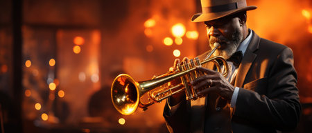 trumpet-player player playing jazz music instrument at the night club. High quality photoの素材